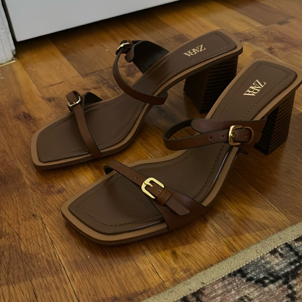 Brown Double Strap Slip On Heels